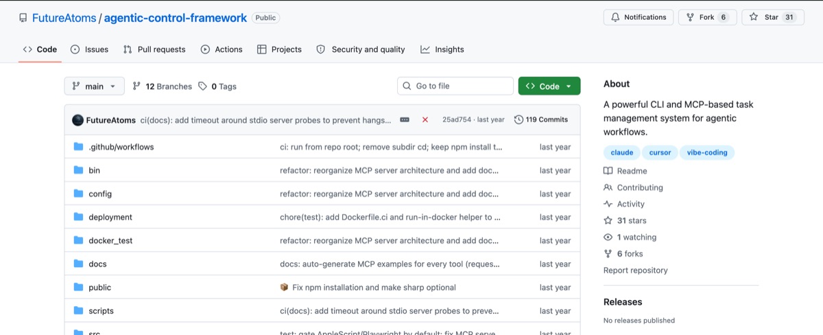 Agentic Control Framework on GitHub: my most-starred open-source repo, a CLI and MCP server for AI coding agents.