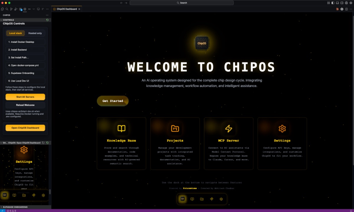 The ChipOS desktop dashboard: knowledge base, projects, MCP server and settings in one workspace.