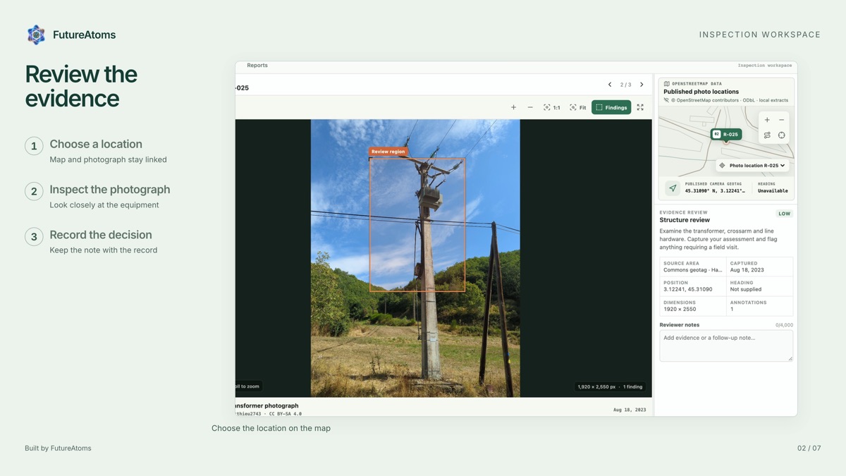 FutureAtoms Inspection: reviewing a utility-pole photograph with its map location and evidence record in one screen.