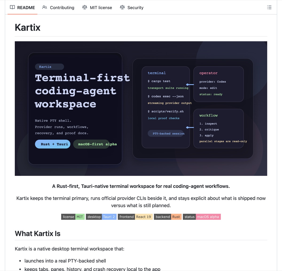 Kartix README: a Rust-first Tauri terminal workspace for coding-agent workflows.