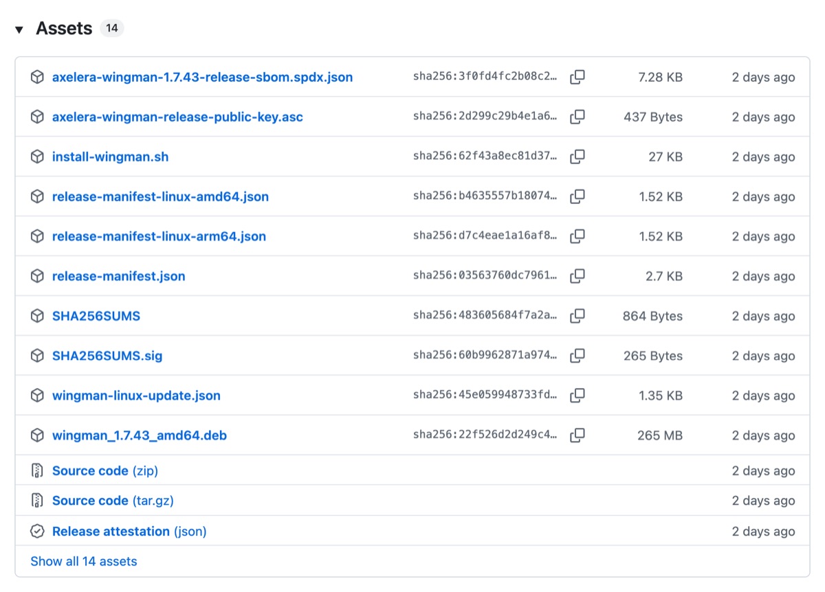Release assets for Wingman 1.7.43: Debian packages, signed SHA256 sums, a public signing key, release manifests and an SPDX SBOM.
