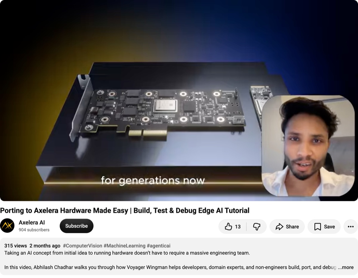 Published tutorial on the Axelera AI channel: porting a vision pipeline to Axelera hardware with Wingman, from idea to running on Metis.